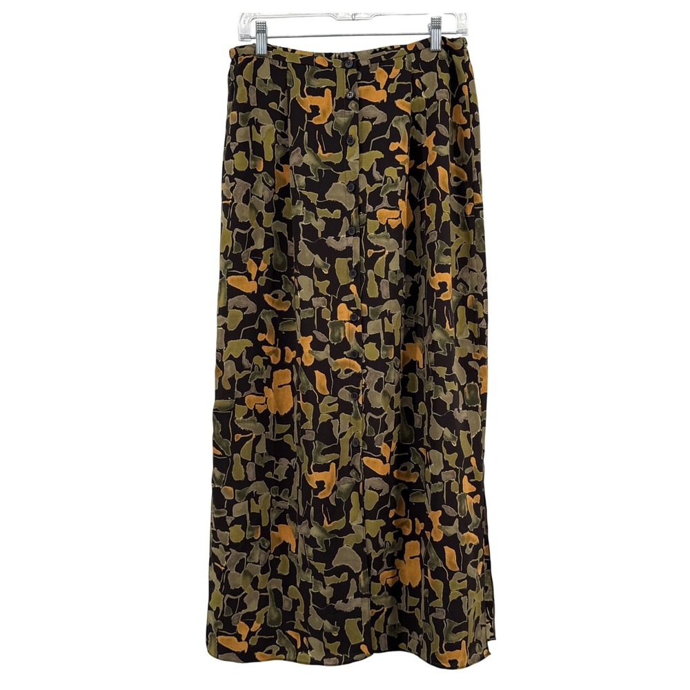 Max Studio Womens Maxi Skirt Green Yellow Button Size L Earthy Boho Grunge Mori